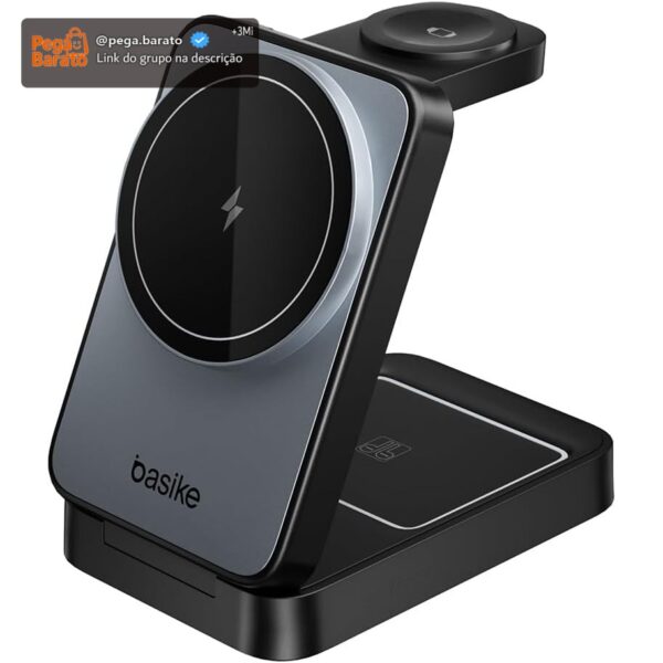 Basike Carregador Sem Fio 3 em 1 Magnético Dobrável Portátil Luz Noturna | Estação de Carregamento 2025, Compatível com MagSafe, iPhone 16/15/14/13/12, Apple Watch e AirPod (Preto)
