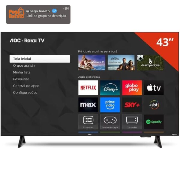 AOC Smart TV 43 Polegadas Full HD LED Roku TV 43S5155/78G, Wi-Fi, Dolby Audio, 3 HDMI, USB, Controle Remoto