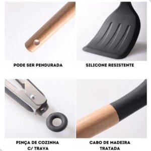 Kit 12 Utensílios De Cozinha Em Silicone E Cabo De Madeira GAXMARK | Jogo de Utensílios, Resistente ao Calor, Antiaderente, Premium - Imagem 4