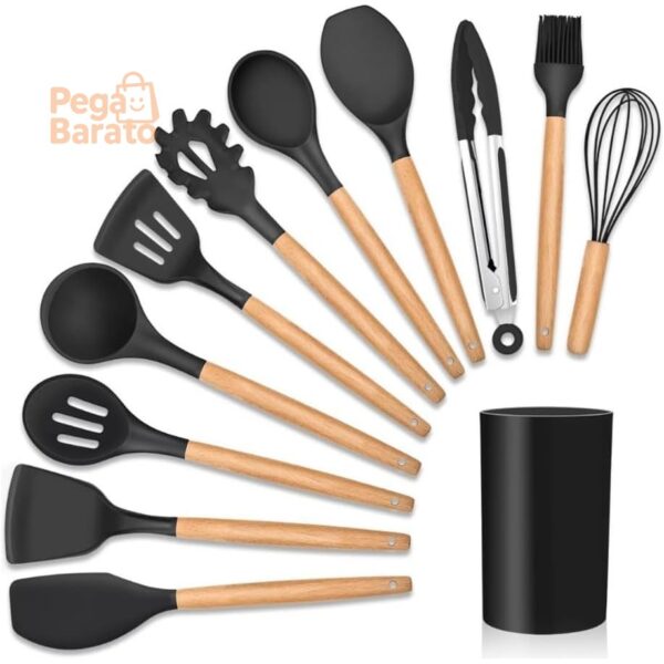 Kit 12 Utensílios De Cozinha Em Silicone E Cabo De Madeira GAXMARK | Jogo de Utensílios, Resistente ao Calor, Antiaderente, Premium