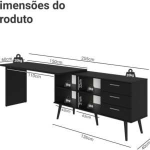 Mesa para Computador Gamer em L 3 Gavetas Preto Lisboa Madesa - Imagem 4
