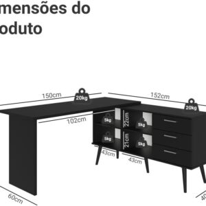 Mesa para Computador Gamer em L 3 Gavetas Preto Lisboa Madesa - Imagem 2
