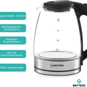 Chaleira Elétrica de Vidro 2 Litros 127/ 220V com Base Giratória 360° e Aquecimento Rápido 1000W (127V) - Imagem 3