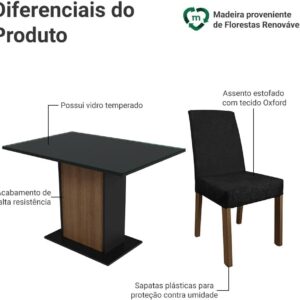 Conjunto Sala de Jantar Mesa Tampo de Vidro 4 Cadeiras Rustic/preto/oxford Zion Madesa - Imagem 4