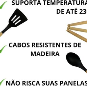 Kit 12 Utensílios De Cozinha Em Silicone E Cabo De Madeira GAXMARK | Jogo de Utensílios, Resistente ao Calor, Antiaderente, Premium - Imagem 5
