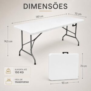 Mesa Dobrável 1,80m Branca | Portátil, Tipo Maleta com Alça, Resistente e Leve, Ideal para Camping, Praia, Jardim, Festas, Área Gourmet - Imagem 3