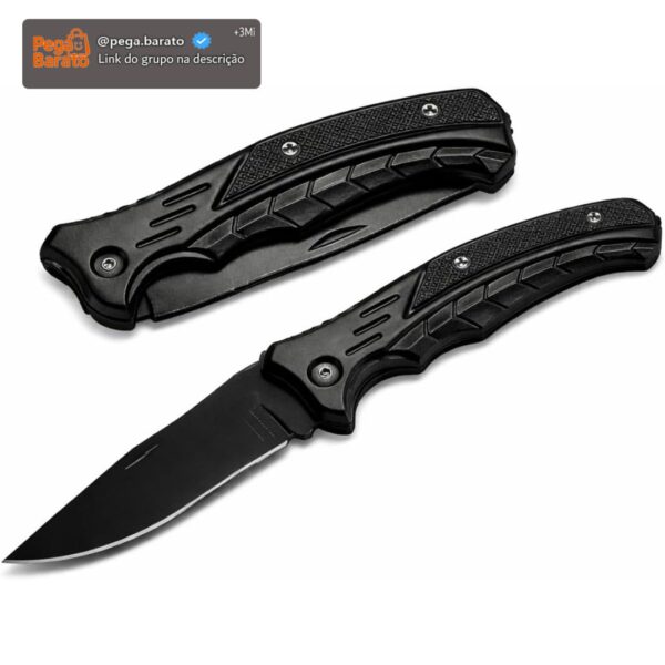 Canivete Tático Retrátil Dobrável Portátil Faca Clip de Bolso Camping Pesca Caça Aço Carbono Preto 16cm Lâmina Afiada Cabo Texturizado Alta Resistência Presente Homens Premium