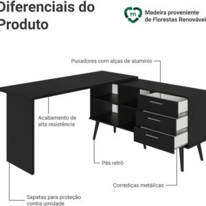 Mesa para Computador Gamer em L 3 Gavetas Preto Lisboa Madesa - Imagem 5