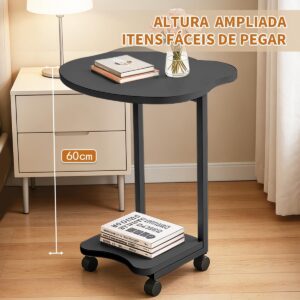 Mesa de Apoio Móvel com 2 Prateleiras - Design em C, Rodas e 60cm de Altura para Sofá e Cama (Preto) - Imagem 4