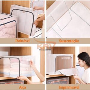 Kit 2 Caixas Organizadora Dobrável 24L em PVC Transparente com Zíper Duplo – Abertura Frontal e Superior – Para Armários e Guarda-Roupas (24 Litros) - Imagem 5