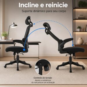 Cadeira de Escritório Presidente Ergonômica Preta Encosto Mesh Reclinável 135 Graus Cadeira Giratória com Apoio de Cabeça Braços Ajustáveis Suporte Lombar Alta Densidade Confortável - Imagem 6