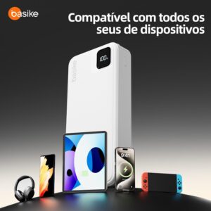 Basike Power Bank, Carregador Portátil Universal 20000mAh, USB-A(até 22.5W)+USB-C(até PD20W), com 2 Cabos Integrados (USB-C, Lightning) Carregamento Rápido, Led Indicador de Bateria (Branco) - Imagem 6