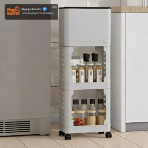 Lixeira de Cozinha Alta com Rodízios e Prateleiras - Cesto 9L com Tampa Deslizante - Organizador Estreito em PP - Design Ergonômico para Cantos e Frestas - Inclui Ganchos e Sacos de Lixo (Cinza) - Imagem 1