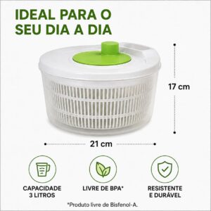 Secador de Salada com Cesto Escorredor, Centrífuga de Salada Manual 3L, Seca Salada para Verduras, Legumes, Frutas e Vegetais, Secador de Salada Prático, Compacto e Rápido - Imagem 2