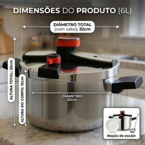 Panela de Pressão Aço Inox 6 Litros Fundo Triplo Indução e Gás - Segurança Tripla e Cozimento Rápido - Modelo Premium Polido - Imagem 3