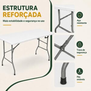 Mesa Dobrável 1,80m Branca | Portátil, Tipo Maleta com Alça, Resistente e Leve, Ideal para Camping, Praia, Jardim, Festas, Área Gourmet - Imagem 5