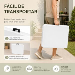 Mesa Dobrável 1,80m Branca | Portátil, Tipo Maleta com Alça, Resistente e Leve, Ideal para Camping, Praia, Jardim, Festas, Área Gourmet - Imagem 6