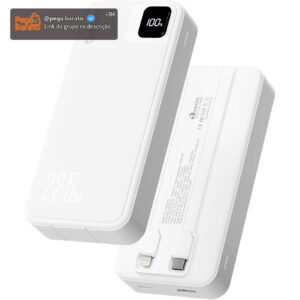 Basike Power Bank, Carregador Portátil Universal 20000mAh, USB-A(até 22.5W)+USB-C(até PD20W), com 2 Cabos Integrados (USB-C, Lightning) Carregamento Rápido, Led Indicador de Bateria (Branco) - Imagem 1