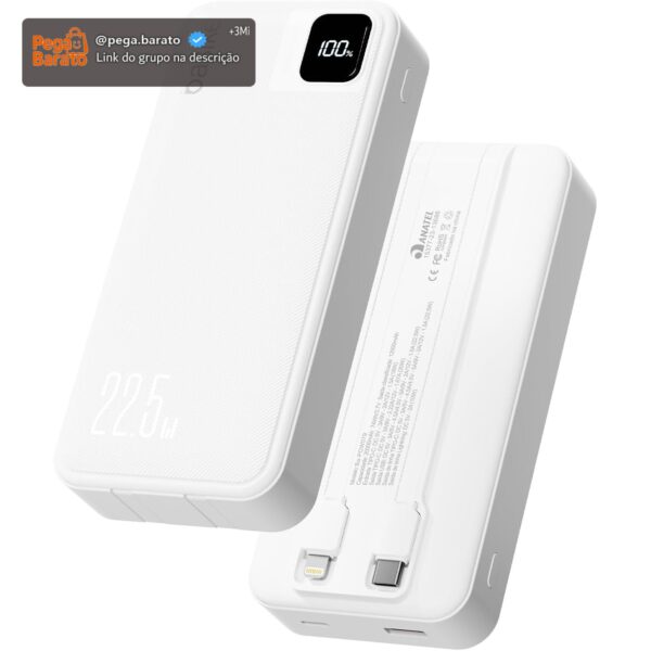 Basike Power Bank, Carregador Portátil Universal 20000mAh, USB-A(até 22.5W)+USB-C(até PD20W), com 2 Cabos Integrados (USB-C, Lightning) Carregamento Rápido, Led Indicador de Bateria (Branco)