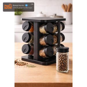 Porta Temperos Giratório com 12 Potes de Vidro Diamond, Tampa Dosadora Ajustável, Organizador de Condimentos, Suporte Giratório Cozinha, Porta Condimentos Preto - Imagem 1