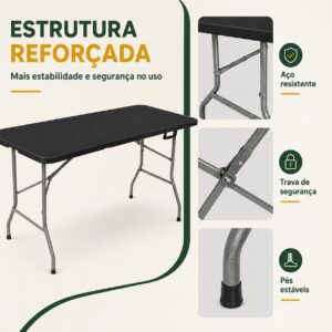 Mesa Dobrável 1,80m Portátil Preta Tipo Maleta com Alça – Resistente e Leve, Ideal para Camping, Praia, Jardim, Festas e Área Gourmet Interna ou Externa - Imagem 5