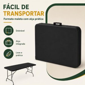 Mesa Dobrável 1,80m Portátil Preta Tipo Maleta com Alça – Resistente e Leve, Ideal para Camping, Praia, Jardim, Festas e Área Gourmet Interna ou Externa - Imagem 6