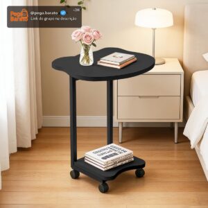 Mesa de Apoio Móvel com 2 Prateleiras - Design em C, Rodas e 60cm de Altura para Sofá e Cama (Preto) - Imagem 1