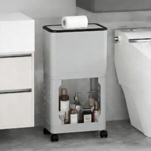 Lixeira de Cozinha Alta com Rodízios e Prateleiras - Cesto 9L com Tampa Deslizante - Organizador Estreito em PP - Design Ergonômico para Cantos e Frestas - Inclui Ganchos e Sacos de Lixo (Cinza) - Imagem 8