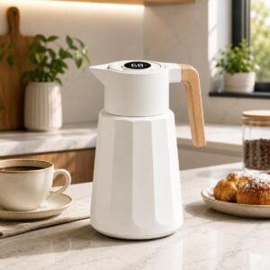 Garrafa Térmica com Visor de Temperatura Digital 1L, Cafeteira Italiana Térmica, Mantém Café Quente por Até 12 Horas, Alça de Madeira (Preto) - Imagem 2