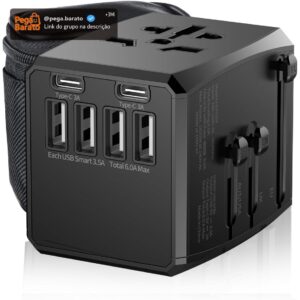 Carregador Universal com Adaptadores de Viagem, Adaptador de Tomada CA com Alimentação Inteligente de 6A 4 Portas USB A e 2 USB Tipo C de 3A para USA EU UK AUS(Bolsa de Viagem Incluída) - Imagem 1
