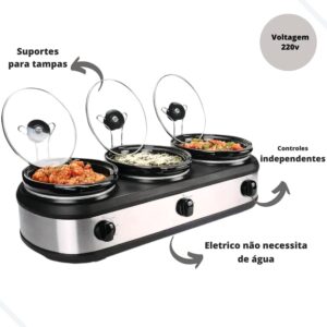 Rechaud Elétrico Triplo Buffet Slow Cooker 3 Panelas 220v - Imagem 3