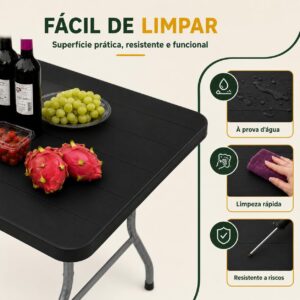 Mesa Dobrável 1,80m Portátil Preta Tipo Maleta com Alça – Resistente e Leve, Ideal para Camping, Praia, Jardim, Festas e Área Gourmet Interna ou Externa - Imagem 7