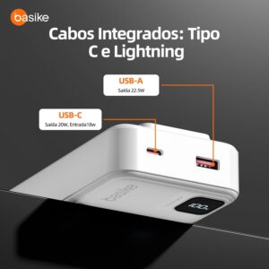 Basike Power Bank, Carregador Portátil Universal 20000mAh, USB-A(até 22.5W)+USB-C(até PD20W), com 2 Cabos Integrados (USB-C, Lightning) Carregamento Rápido, Led Indicador de Bateria (Branco) - Imagem 3