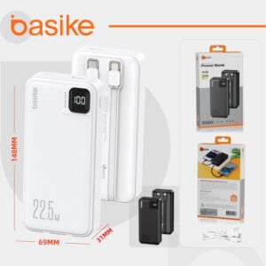Basike Power Bank, Carregador Portátil Universal 20000mAh, USB-A(até 22.5W)+USB-C(até PD20W), com 2 Cabos Integrados (USB-C, Lightning) Carregamento Rápido, Led Indicador de Bateria (Branco) - Imagem 8