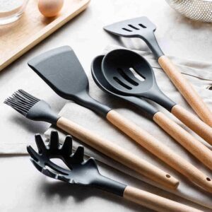 Kit 12 Utensílios De Cozinha Em Silicone E Cabo De Madeira GAXMARK | Jogo de Utensílios, Resistente ao Calor, Antiaderente, Premium - Imagem 2