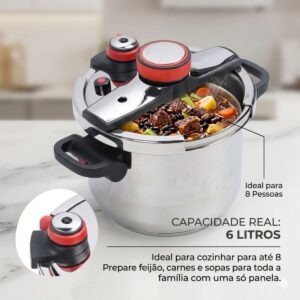 Panela de Pressão Aço Inox 6 Litros Fundo Triplo Indução e Gás - Segurança Tripla e Cozimento Rápido - Modelo Premium Polido - Imagem 6