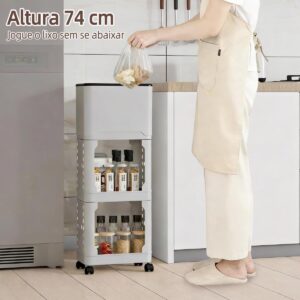 Lixeira de Cozinha Alta com Rodízios e Prateleiras - Cesto 9L com Tampa Deslizante - Organizador Estreito em PP - Design Ergonômico para Cantos e Frestas - Inclui Ganchos e Sacos de Lixo (Cinza) - Imagem 5