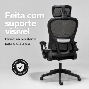 Cadeira de Escritório Presidente Ergonômica Preta Encosto Mesh Reclinável 135 Graus Cadeira Giratória com Apoio de Cabeça Braços Ajustáveis Suporte Lombar Alta Densidade Confortável - Imagem 4