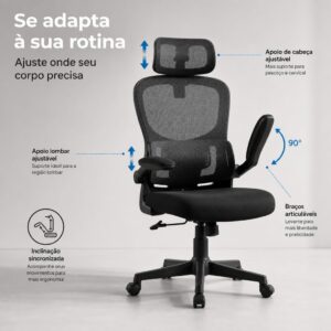 Cadeira de Escritório Presidente Ergonômica Preta Encosto Mesh Reclinável 135 Graus Cadeira Giratória com Apoio de Cabeça Braços Ajustáveis Suporte Lombar Alta Densidade Confortável - Imagem 7