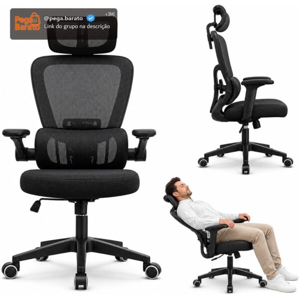 Cadeira de Escritório Presidente Ergonômica Preta Encosto Mesh Reclinável 135 Graus Cadeira Giratória com Apoio de Cabeça Braços Ajustáveis Suporte Lombar Alta Densidade Confortável