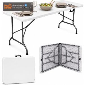 Mesa Dobrável 1,80m Branca | Portátil, Tipo Maleta com Alça, Resistente e Leve, Ideal para Camping, Praia, Jardim, Festas, Área Gourmet - Imagem 1