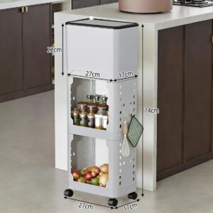 Lixeira de Cozinha Alta com Rodízios e Prateleiras - Cesto 9L com Tampa Deslizante - Organizador Estreito em PP - Design Ergonômico para Cantos e Frestas - Inclui Ganchos e Sacos de Lixo (Cinza) - Imagem 2