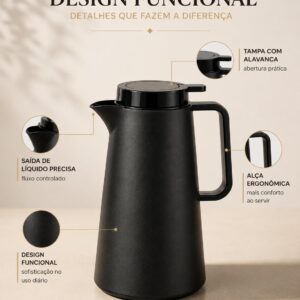 Garrafa Térmica 1L Preta para Café com Alça e Tampa Alavanca - Imagem 6