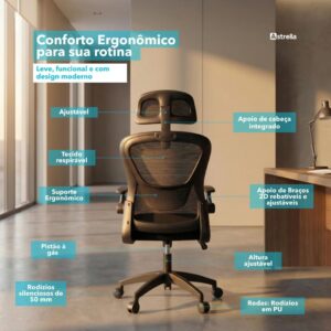 Cadeira de Escritório Astrella Nova Preta | Ergonômica, com Apoio de Cabeça, Braços 2D Articulados - Imagem 6