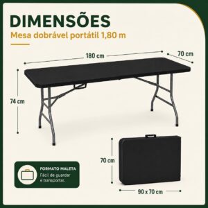 Mesa Dobrável 1,80m Portátil Preta Tipo Maleta com Alça – Resistente e Leve, Ideal para Camping, Praia, Jardim, Festas e Área Gourmet Interna ou Externa - Imagem 3