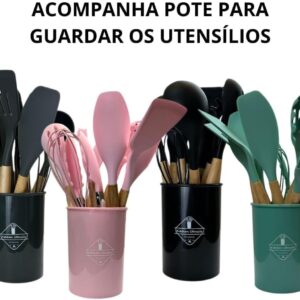 Kit 12 Utensílios De Cozinha Em Silicone E Cabo De Madeira GAXMARK | Jogo de Utensílios, Resistente ao Calor, Antiaderente, Premium - Imagem 6