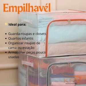 Kit 2 Caixas Organizadora Dobrável 24L em PVC Transparente com Zíper Duplo – Abertura Frontal e Superior – Para Armários e Guarda-Roupas (24 Litros) - Imagem 8
