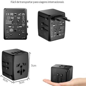 Carregador Universal com Adaptadores de Viagem, Adaptador de Tomada CA com Alimentação Inteligente de 6A 4 Portas USB A e 2 USB Tipo C de 3A para USA EU UK AUS(Bolsa de Viagem Incluída) - Imagem 5