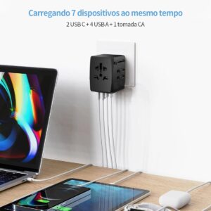 Carregador Universal com Adaptadores de Viagem, Adaptador de Tomada CA com Alimentação Inteligente de 6A 4 Portas USB A e 2 USB Tipo C de 3A para USA EU UK AUS(Bolsa de Viagem Incluída) - Imagem 6
