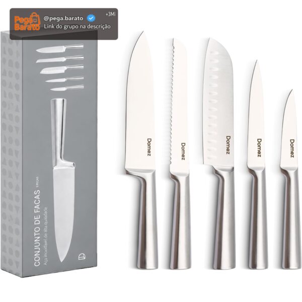 Jogo de Facas Cozinha DOMEZ, 5 peças | de Aço, com Fio que Dura Mais, Design Ergonômico, Inclui Faca Chef, Pão, Churrasco, Resistente à Ferrugem